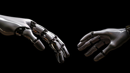 On a dark background, a robot hand makes contact with a human hand, demonstrating Generative AI.の素材