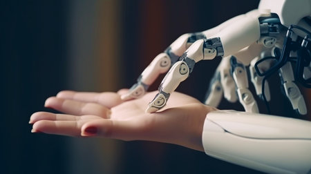 On a dark background, a robot hand makes contact with a human hand, demonstrating Generative AI.の素材