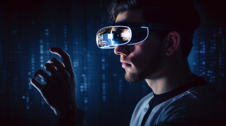 The man wearing virtual reality glasses. Generative AI is a futuristic technology concept.の素材