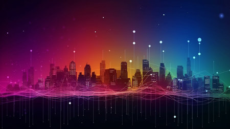 Smart city and abstract dot point connect with a gradient line, big data technology concept, colorful splash, Generative AIの素材