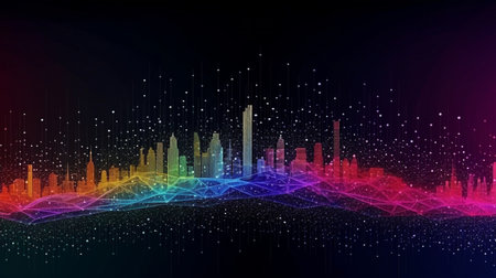 Smart city and abstract dot point connect with a gradient line, big data technology concept, colorful splash, Generative AIの素材