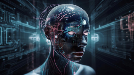 Artificial intelligence with virtual reality concept. Generative AI, mixed mediaの素材