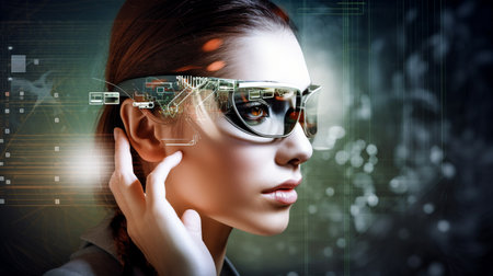 Woman wearing future smart glasses on a high-tech backdrop, Generative AIの素材