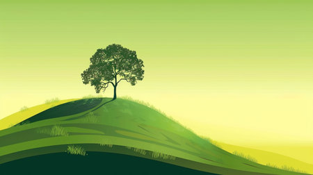 A lone tree on a green slope. Generative AI vector illustration for your designの素材