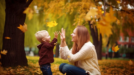 A happy mother and son enjoy a pleasant day in the park. Generative AIの素材