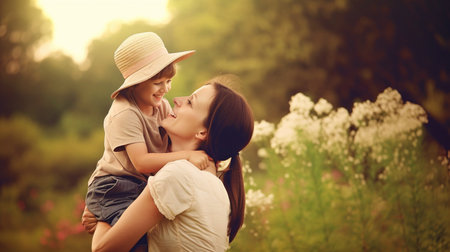 A happy mother and son enjoy a pleasant day in the park. Generative AIの素材