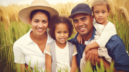 Generative AI creates a lovely depiction of a mixed-race family in wheat fields.の素材