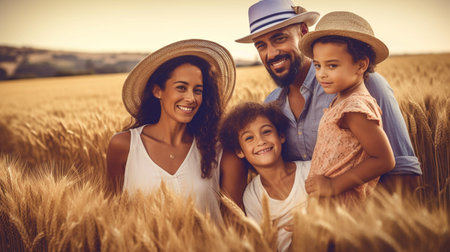 Generative AI creates a lovely depiction of a mixed-race family in wheat fields.の素材