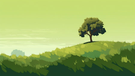 A lone tree on a green slope. Generative AI vector illustration for your designの素材