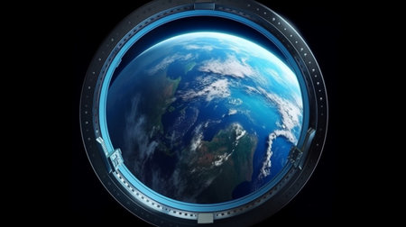 Earth world seen from a spaceship window porthole, Generative AIの素材