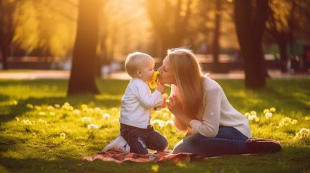 A happy mother and son enjoy a pleasant day in the park. Generative AIの素材