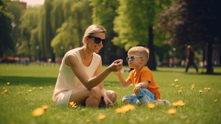 A happy mother and son enjoy a pleasant day in the park. Generative AIの素材