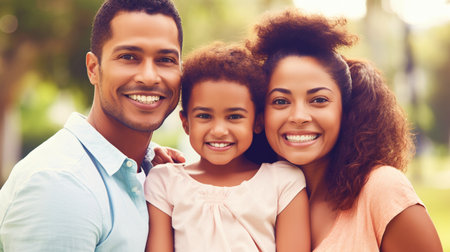 Outside, a happy mixed family comprising father, mother, and daughter, Generative AIの素材