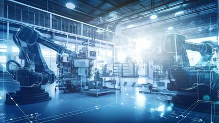Double exposure photograph of a futuristic factory's mechanized industry. Robotics technology concept for the industrial revolution and automated production process, Generative AIの素材