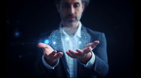 A handsome man holds a hologram screen showcasing modern cloud-based web system technology, Generative AI.の素材