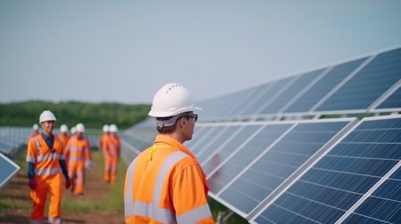 Outside, men with helmets transport photovoltaic solar modules, Generative AIの素材