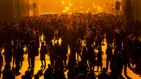 People in silhouette on a city street with a sunset yellow light in the background, Generative AIの素材