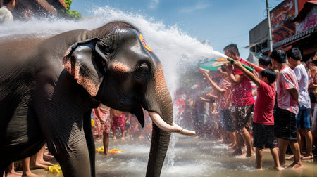 During the Songkran event, an elephant sprays water on people, Generative AIの素材