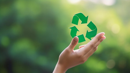 Over a green bokeh background, a hand holds the recycle symbol. Eco and environmental concepts, Generative AIの素材