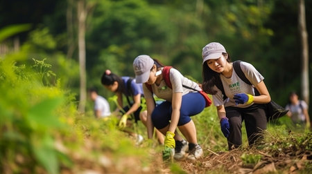 Volunteer, team, and natural people for community service, Generative AIの素材