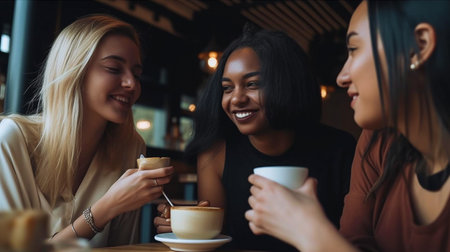 Three young women sip coffee at a cafe, Generative AIの素材