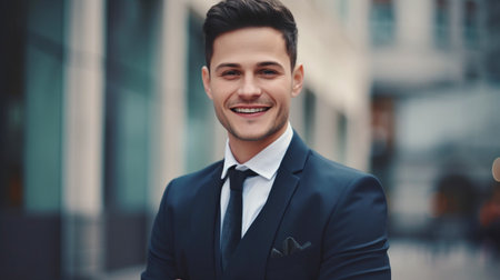 Generative AI image of a smiling man in a business outfit on a city streetの素材