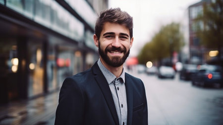 Generative AI image of a smiling man in a business outfit on a city streetの素材
