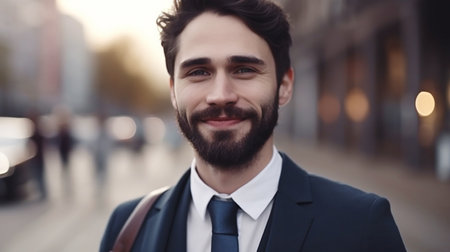 Generative AI image of a smiling man in a business outfit on a city streetの素材
