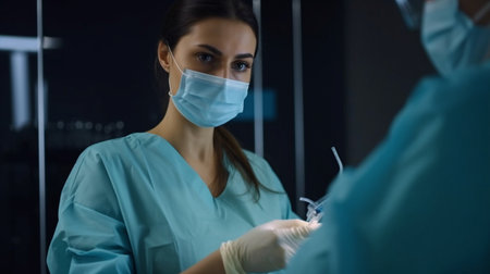 Attractive female doctor in operating room holding syringe for patient, Generative AIの素材