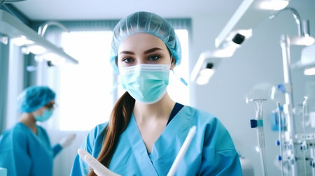 Attractive female doctor in operating room holding syringe for patient, Generative AIの素材