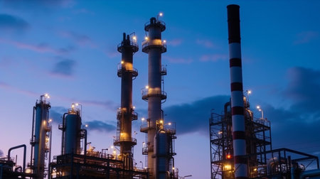 Distillation column towers and reactors at a chemical complex under a blue evening sky, Generative AIの素材