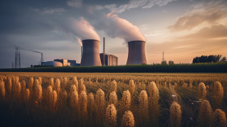 Generative AI, nuclear power plant with dusk landscapeの素材