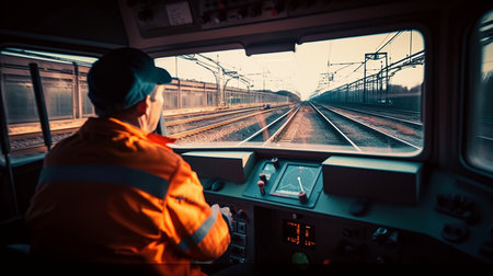 Inside view of a locomotive driven by the driver of an old shunting freight train, Generative AI.の素材