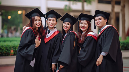 a joyful family gathering of young female students in university graduate uniforms at a graduation ceremony, Generative AIの素材