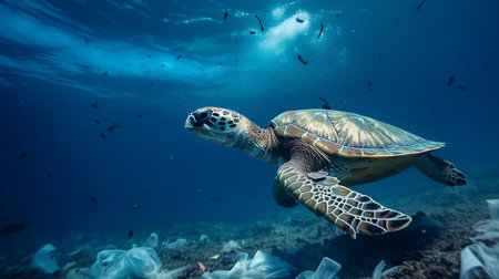 Sea turtle in water surrounded by plastic rubbish, Generative AIの素材