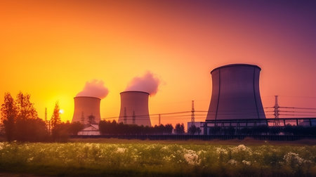 Generative AI, nuclear power plant with dusk landscapeの素材