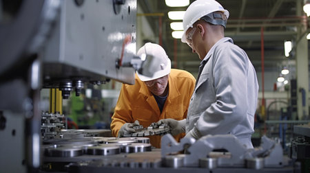 Generative AI, two manufacturing workers working on a machineの素材