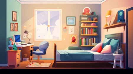 Half of a large bedroom with a double bed against a wall covered with posters and shelves with toys and books, a desk with supplies and a chair, and Generative AI.の素材