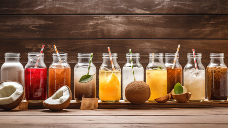 An array of coconut soft drinks shown on a hardwood background. The drinks are organized in such a way that their vibrant colors and diverse textures are highlighted. The Generative AIの素材