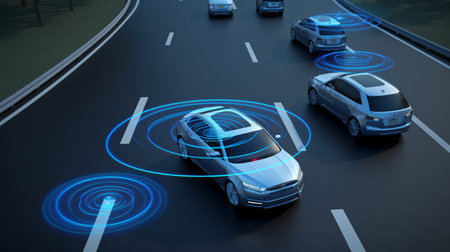 Generative AI concept of an autonomous car sensor system for the safety of driverless mode car control.の素材