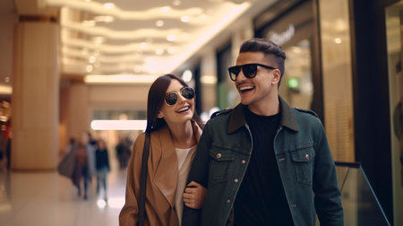 Generative AI, happy young couple shopping in mallの素材