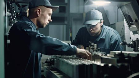 Generative AI, two manufacturing workers working on a machineの素材