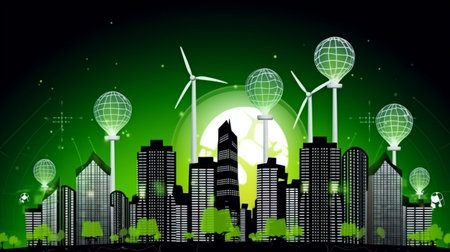 From within, a light bulb with a bright green eco-city appeared. Solar panels and wind turbines are installed on the city's structures. Generative AI integrates green space into the urban landscape.の素材