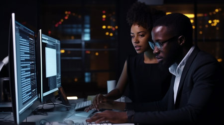 While an African businessman works on a tablet with a female colleague, Generative AI, a programmer types on a multi-screen computer in a dark office at night.の素材
