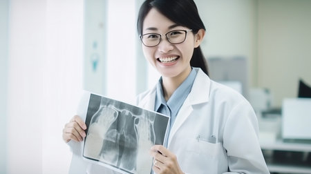 Generative AI hospital smiling doctor holding patient's x-ray filmの素材