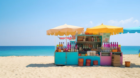 On a beautiful day, a colorful array of pleasant refreshments, The location is set on a beach with crystal clear waves and a bright blue, Generative AIの素材