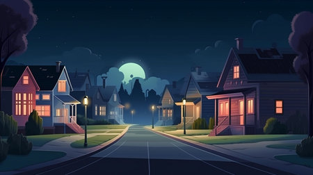 At night, a landscape of an empty suburban street with a house. Background of a neighborhood residential dwelling, Generative AIの素材