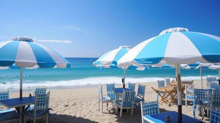 On a beautiful day, a colorful array of pleasant refreshments, The location is set on a beach with crystal clear waves and a bright blue, Generative AIの素材
