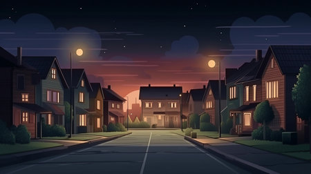 At night, a landscape of an empty suburban street with a house. Background of a neighborhood residential dwelling, Generative AIの素材