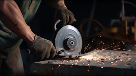 Generative AI car service worker polishing metal construction with a circular sawの素材